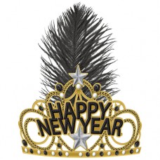 New Year's Tiara Plastic and Feathers Black, Gold, Silver