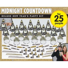 New Year's Eve Party Kit 25 People-Midnight Countdown Black, Gold, Silver