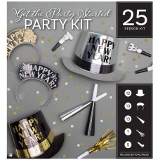 New Year's Eve Party Kit 25 People-Get The Party Started Black, Gold, Silver