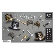 New Year's Eve Party Kit 50 People-Elegant Celebration Black, Gold, Silver